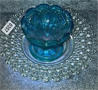 Pretzel Glass Plate & Blue Sherbet Dish