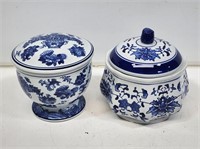 2 Blue and White Covered Serving Dishes