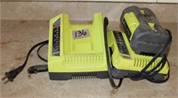 2 Ryobi 40V Battery Chargers and 1 Battery