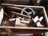 Wooden Box w/ Cow Chain, Vintage Wrench, Trowel,