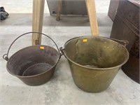 2 antique brass buckets