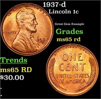 1937-d Lincoln Cent 1c Grades GEM Unc RD