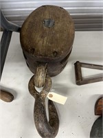 Large Antique Wooden Double Hook Pulley