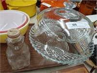 Clear Glass Cake Stand & Snow Crest Bank Bottle