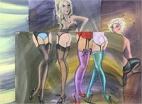 (4) Artist Signed Erotic Mixed Media Art On Paper