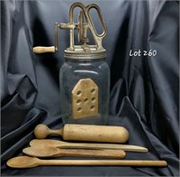 Butter Churn, Masher, Wood Spoons