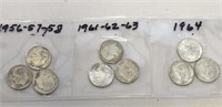 SILVER Roosevelt Dime Lot x 9 1956-1964