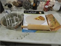 PIZZA STONE, ROLLING PIN & BRASS COOKING PAN