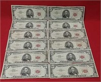Twelve 1963 Red Seal Five Dollar Bills
