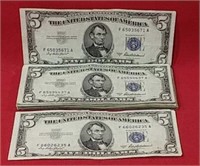 Thirty Two 1953a Five Dollar Silver Certificates