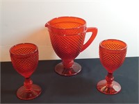 3pc Pitcher & Goblets Diamond Point Gold Ruby Red