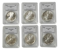 6 Silver Eagles MS69, 1986-1999, Inc. 1990-S DCAM