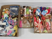 3 BOXES DOLL CLOTHES & A FEW (AS FOUND) DOLLS: