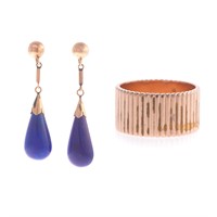 A Wide Gold Wedding Band & Gold Lapis Earrings