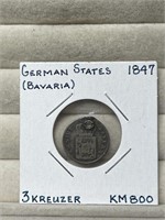 1847 German Bavaria 3 Kreuzer Coin