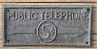 Antique Metal Public Telephone 5 Cents Sign