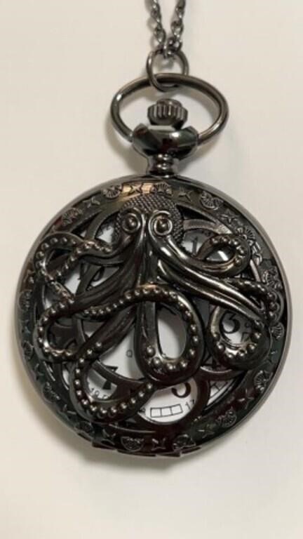 New black octopus pocket watch on long chain,