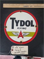 Tydol Flying A porcelain gas pump sign 9 7/8"