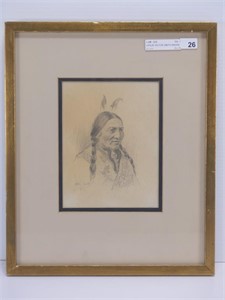 LESLIE VICTOR SMITH INDIAN BRAVE PENCIL DRAWING