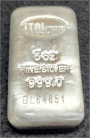 (5) Troy Oz. Silver Bar Sold By The Ounce By Ital