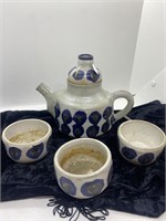 Vintage Tea set 4 pcs ,blue paint pottery