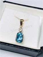 10KT Gold Blue Zircon & Diamond Pendant Necklace