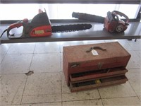 2 CHAINSAWS AND TOOL BOX WITH MISC TOOLS