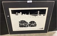 Signed 1981 City Trolley Scape Stock Illustration.