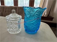 Vtg Kemble Glass Blue Celery Vase Pre Cut Style