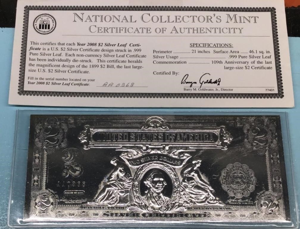 2008 US $2 Silver Leaf Certificate