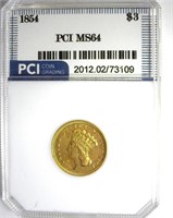 1854 Gold $3 MS64 LISTS $7000 RARE GRADE