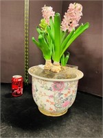 Vintage Floral Cache Pot w/ Faux Plants