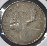 Silver 1950 Canadian quarter