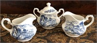 Staffordshire Bluebrook Sugar & 2 Creamers