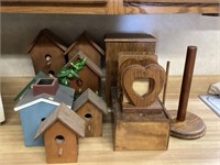 Assorted bird houses and wood decor