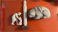 Carved stone panda bear and two carved ivory