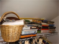 Contents of shelf, books, basket, dad's, etc