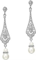 White Gold Plated Vintage Dangle Pearl Earrings
