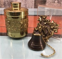 Vtg. brass bell & lided cup w/matches