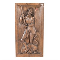 Carved wood relief panel of St. George and Dragon