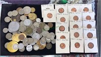 Group of foreign coins, buffalo nickels, tokens,