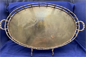 Vintage Oval Brass Tray with Bamboo Design