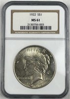 1922 Peace Silver Dollar, NGC MS61