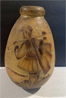 Stoneware Vase Carved Figure Relief 11” Tall x 7”