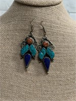 Sterling Silver Lapis Coral & Turquoise Earrings