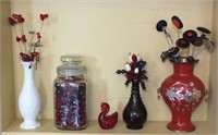3 VASES, GLASS SWAN, JAR OF RED GLASS BEADS