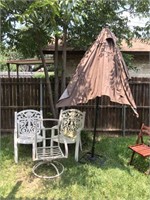 Three Outdoor Chairs and Umbrella