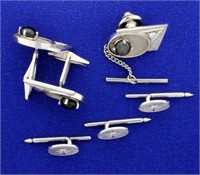 Diamond and Star Sapphire Cufflinks, Tie Tack, and