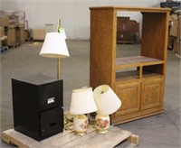 TV Stand Approx 39"x21"x61", Assorted Lamps &