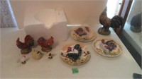 Assorted rooster plates and figurines